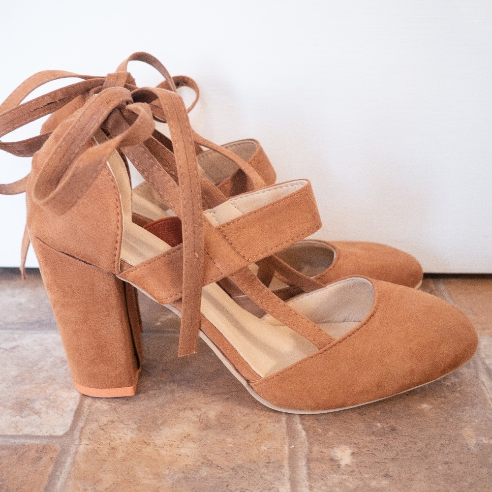 Womens Brown Chunky Ankle Lace Up High Heels